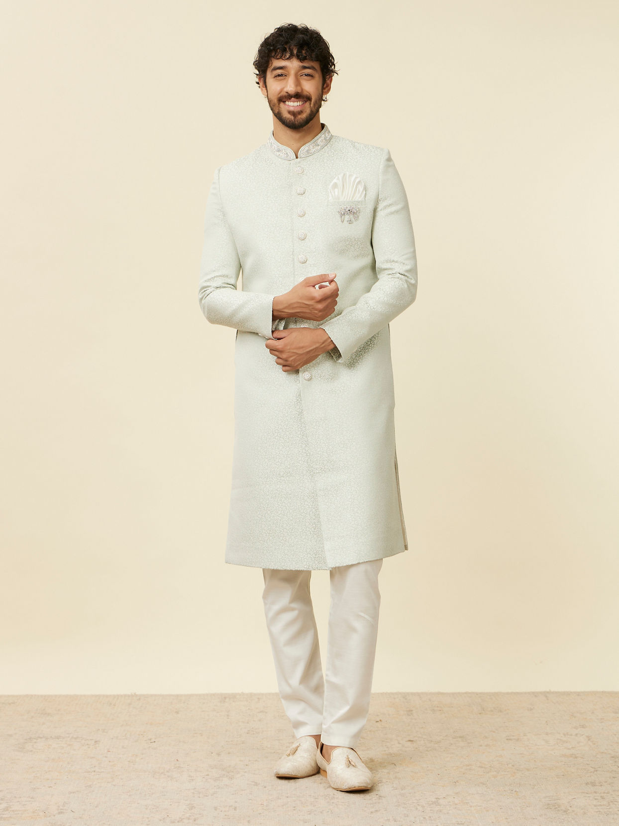 alt message - Manyavar Men Light Mid Green Achkan Style Sherwani Set image number 2